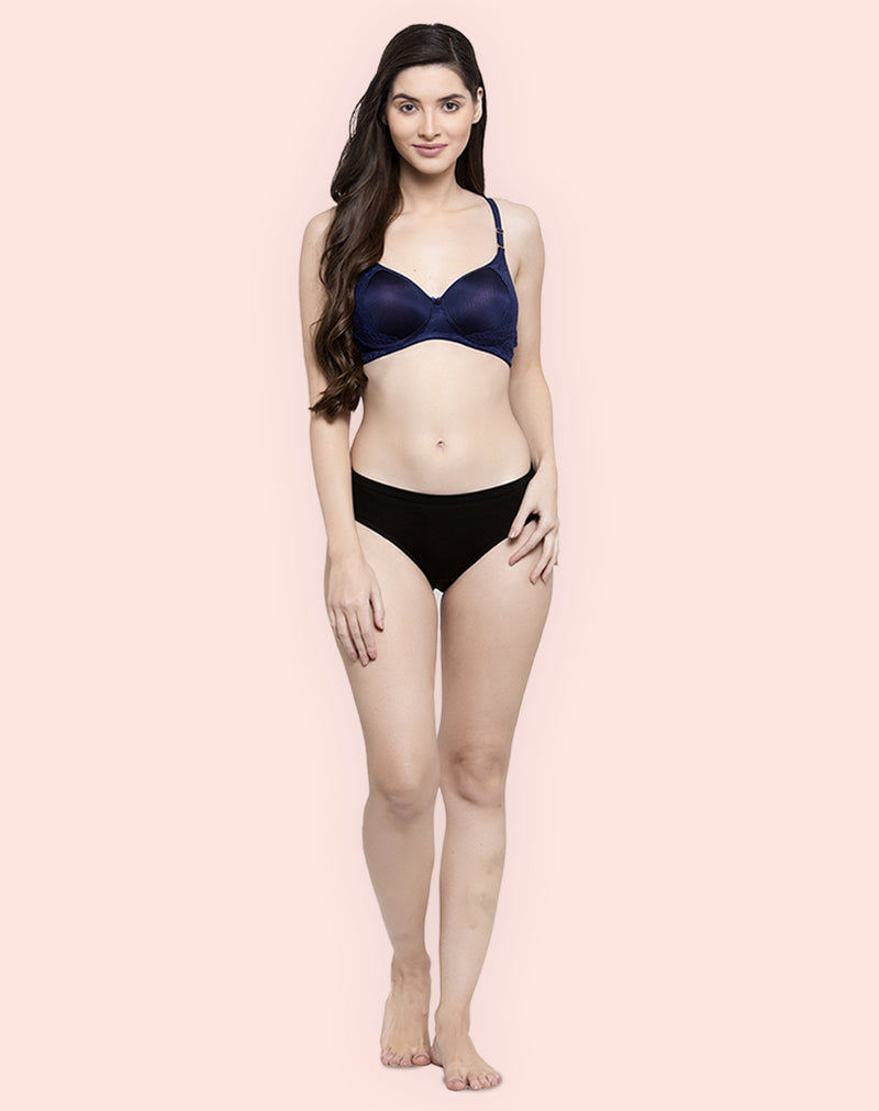 Non wired padded bra with lace detailing - Navy Blue