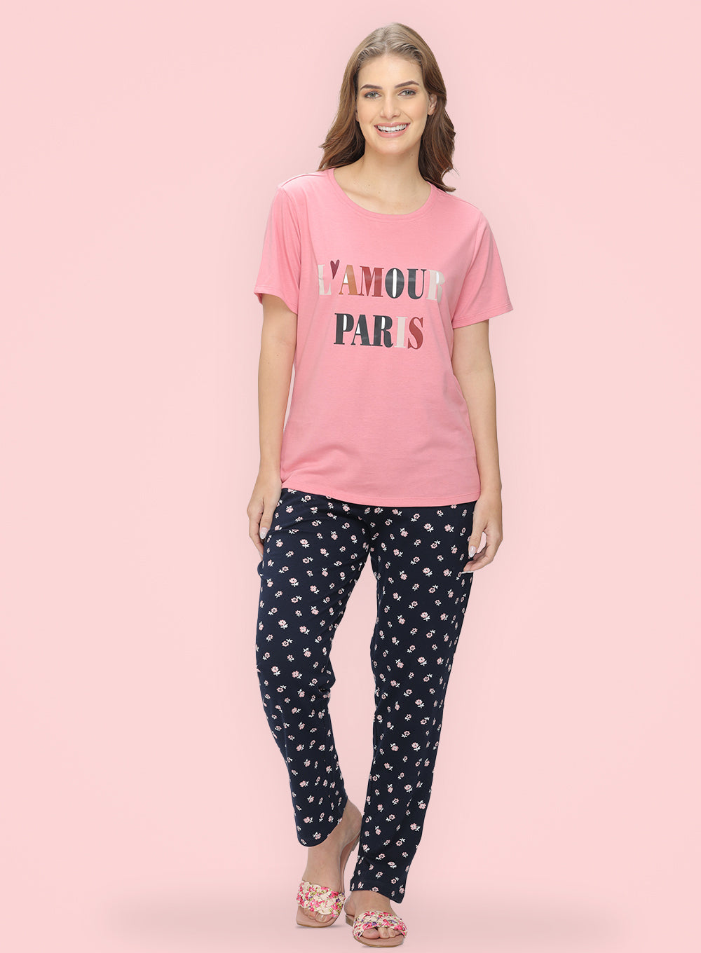 NAVY PEACH FORAL PRINTED PYJAMA (PB10030P018)