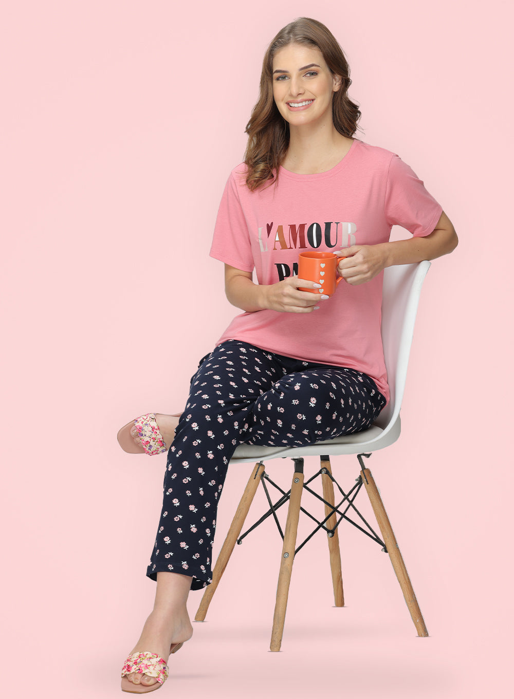NAVY PEACH FORAL PRINTED PYJAMA (PB10030P018)