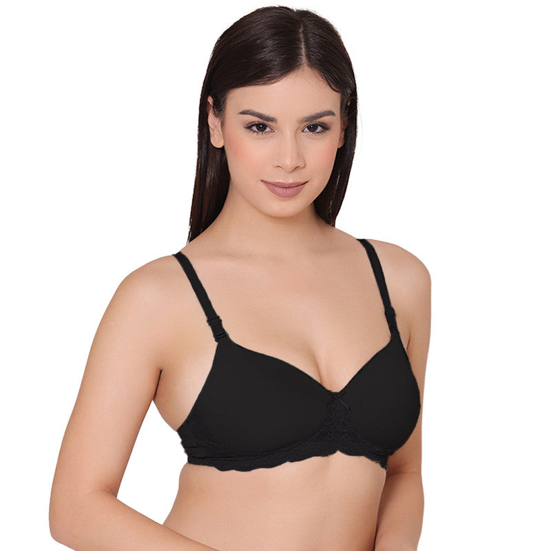 Women's Padded, Non-Wired, Multiway, T-Shirt Bra with lace (BR116-BLACK)