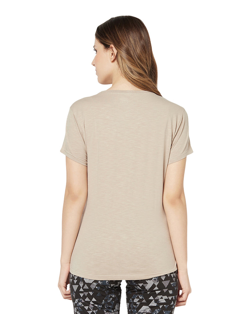 Round Neck Half Sleeve Slub Lycra Plain T-shirt- Light Beige