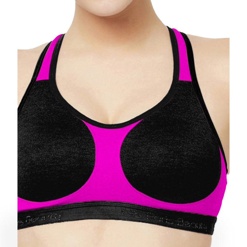Groversons Paris Beauty Women's Non-Padded Non-Wired Racer Back Sports Bra (BR172-BLACK-PINK)