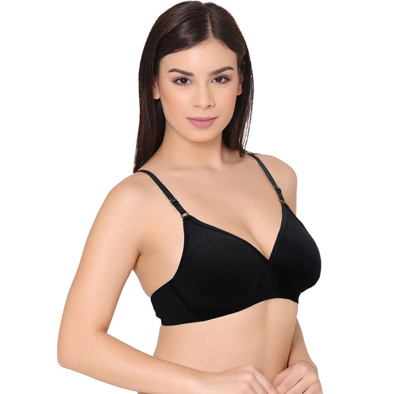 Groversons Paris Beauty Cotton Double Layered Non Padded Wireless Side Wire Support Bra (BR004-BLACK)