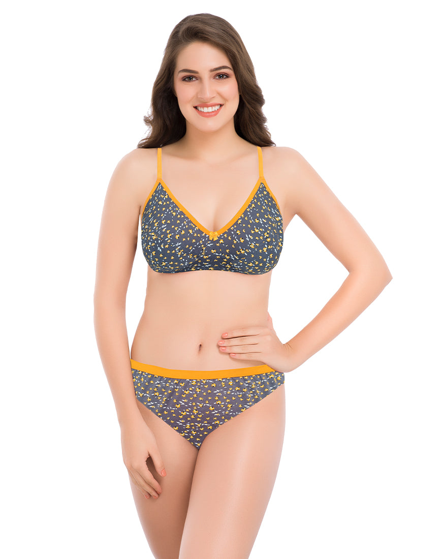Assorted Non-padded Beautiful Floral Printed Bra & Panty Set- Grey