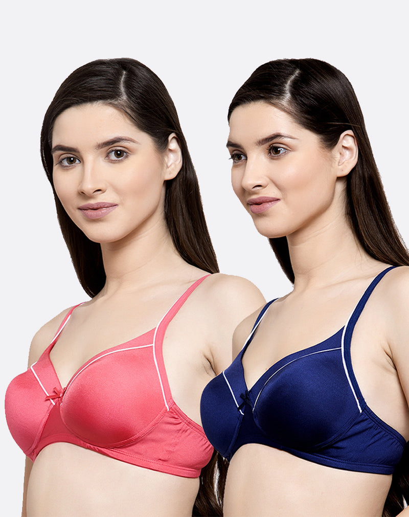 Non Wired Soft Padded Coral & Navy Color Bra- Pack of 2