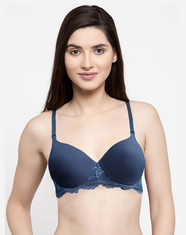 Decorated With Lace Non Wired Padded Bra- Navy Blue