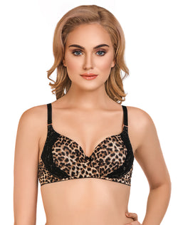 Non Wired Padded Lace Bra With Tiger Print-Black
