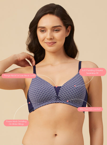 Printed Plunge Wire-Free Padded Seamless Bra (PBBR1082)