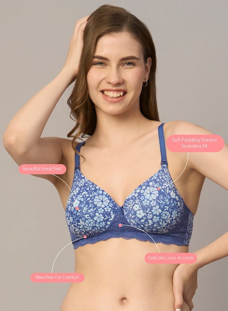 Floral Print Delicate Lace Wire-Free Non-Padded Bra (PBBR1084)