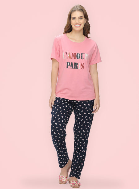 NAVY PEACH FORAL PRINTED PYJAMA (PB10030P018)