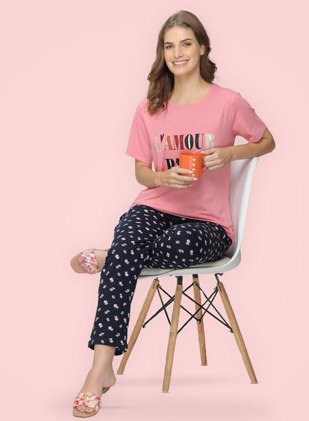 NAVY PEACH FORAL PRINTED PYJAMA (PB10030P018)