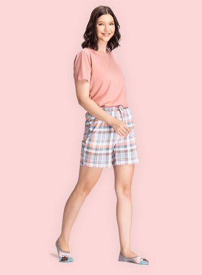 Blue Peach Check Boxer Style Shorts (PBSHRT0003)