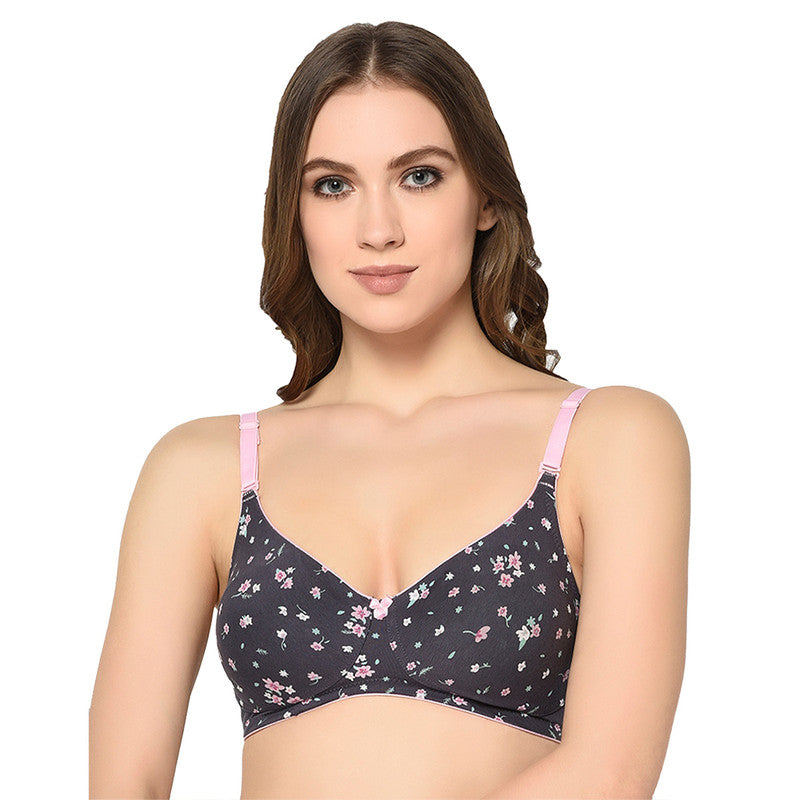 Women's Printed Everyday T-Shirt Bra, Comfortable, Non-Padded GREY-WITH-DOT (BR125-GREY-WITH-FLOWER)