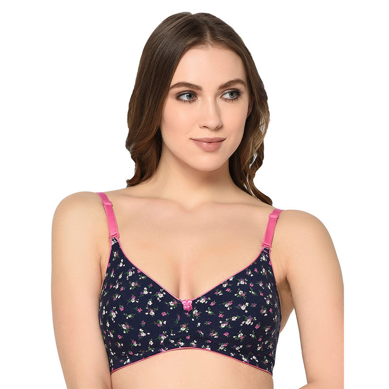Women's Printed Everyday T-Shirt Bra, Comfortable, Non-Padded GREY-WITH-DOT (BR125-NAVY-BLUE)