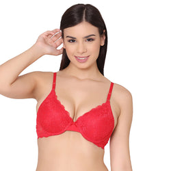 Women's Padded, Non-Wired, Multiway, T-Shirt Bra with lace (BR117-Red)