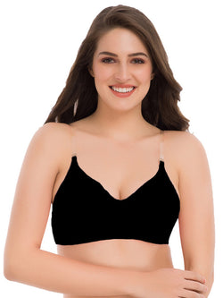 Women's Cotton Non-Padded Wire Free Full-Coverage, Plunge, Seamless Bra ,Backless Bra (BR021-BLACK)