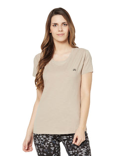 Round Neck Half Sleeve Slub Lycra Plain T-shirt- Light Beige