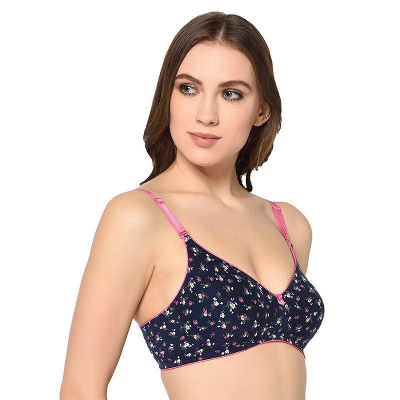 Women's Printed Everyday T-Shirt Bra, Comfortable, Non-Padded GREY-WITH-DOT (BR125-NAVY-BLUE)