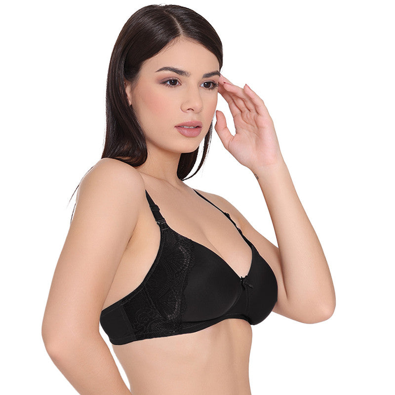 Women's Padded, Non-Wired, Multiway, T-Shirt Bra with lace (BR118-BLACK)