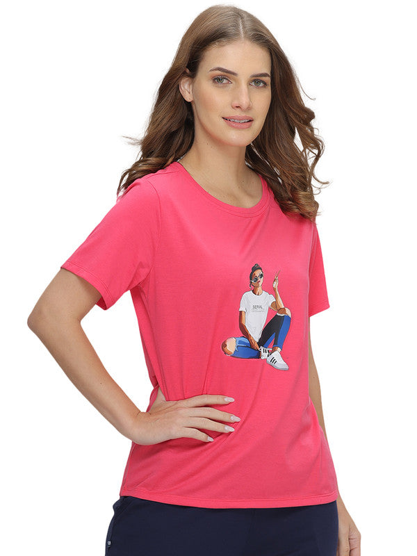 Groversons Paris Beauty Women’s Cotton Rich Vector Crew Neck Design T-Shirt (T-shirt-197-FUSHIA)