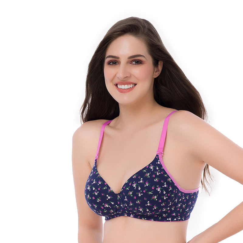 Groversons Paris Beauty Women's Padded Non-Wired Floral Print Multiway T-Shirt Bra (BR012-NAVY-BLUE)