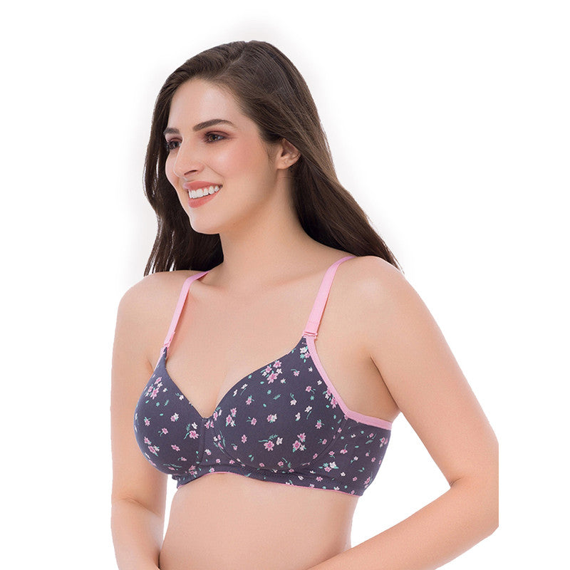 Groversons Paris Beauty Women's Floral Print Padded ,Non-Wired, Seamless T-Shirt Bra (BR183-GREY WITH FLOWER)