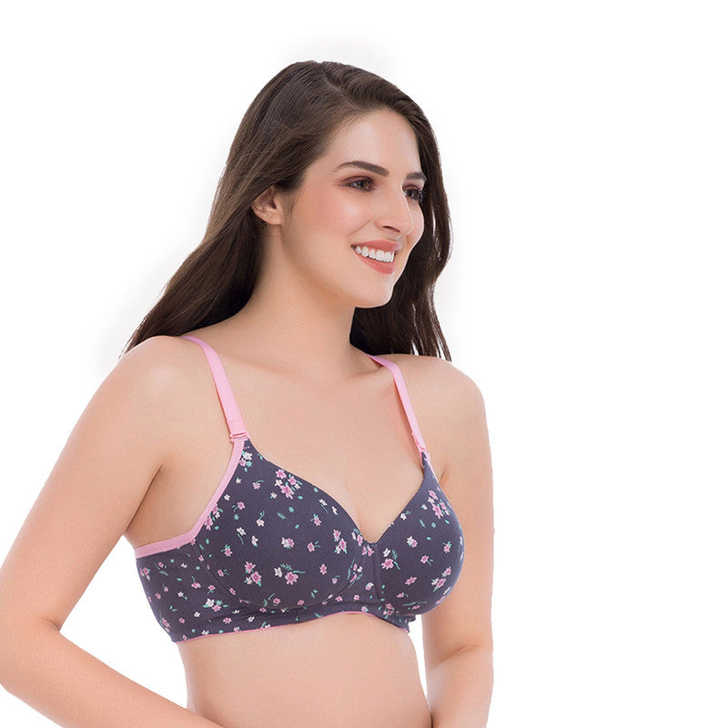Groversons Paris Beauty Women's Floral Print Padded ,Non-Wired, Seamless T-Shirt Bra (BR183-GREY WITH FLOWER)