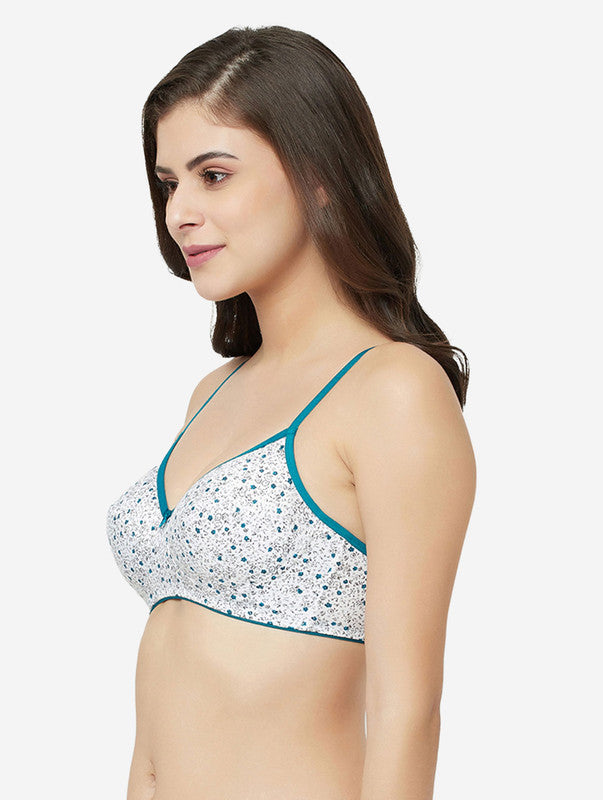 Women's Printed Everyday T-Shirt Bra, Comfortable, Non-Padded with seam, providing a natural curvy shape (BR108-PEAKOCK BLUE)