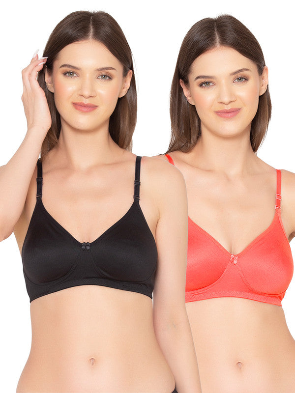 Women's Pack of 2 seamless Non-Padded, Non-Wired Bra (COMB03-BLACK-&-CORAL)