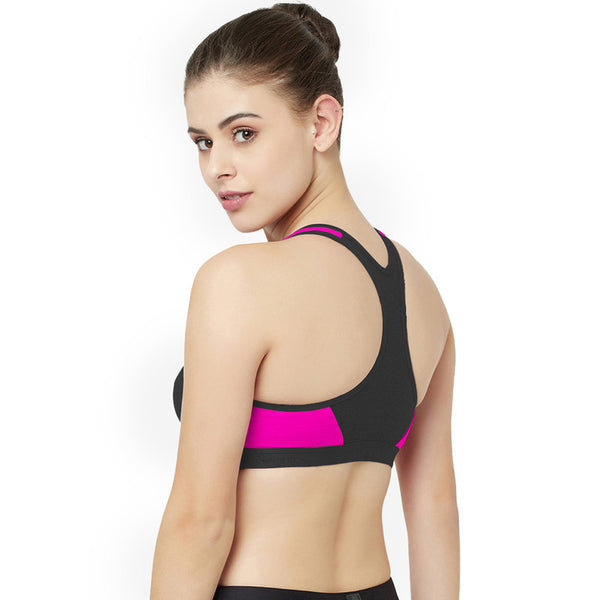 Groversons Paris Beauty Women's Non-Padded Non-Wired Racer Back Sports Bra (BR172-BLACK-PINK)