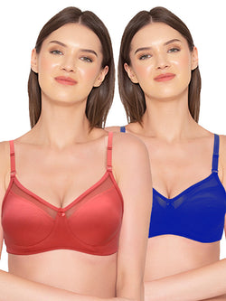 Groversons Paris Beauty Women's Pack of 2 Non-Padded Non-Wired Full Coverage Bra (COMB04-Royal Blue & CORAL)