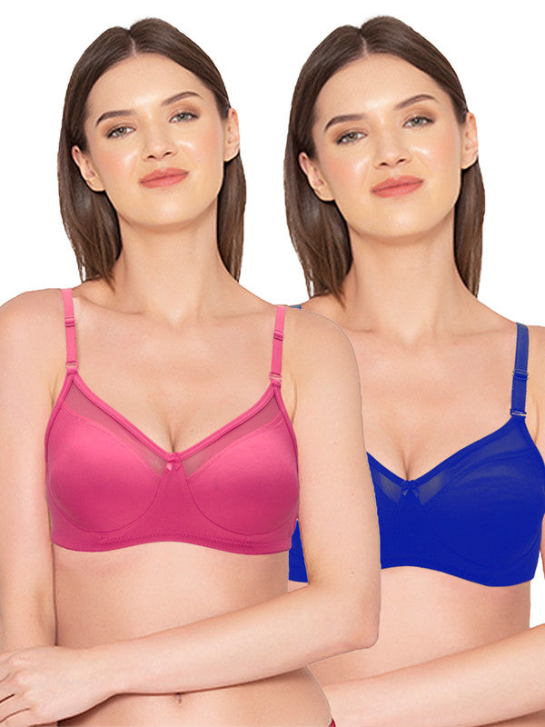 Groversons Paris Beauty Women's Pack of 2 Non-Padded Non-Wired Full Coverage Bra (COMB04-Royal Blue & HOT PINK)