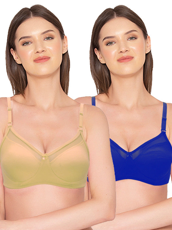 Groversons Paris Beauty Women's Pack of 2 Non-Padded Non-Wired Full Coverage Bra (COMB04-Royal Blue & NUDE)