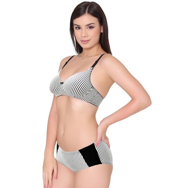 Groversons Paris Beauty Padded Women’s Black and White Printed Wire-free Lingerie Set (BP119-BLACK-WHITE)