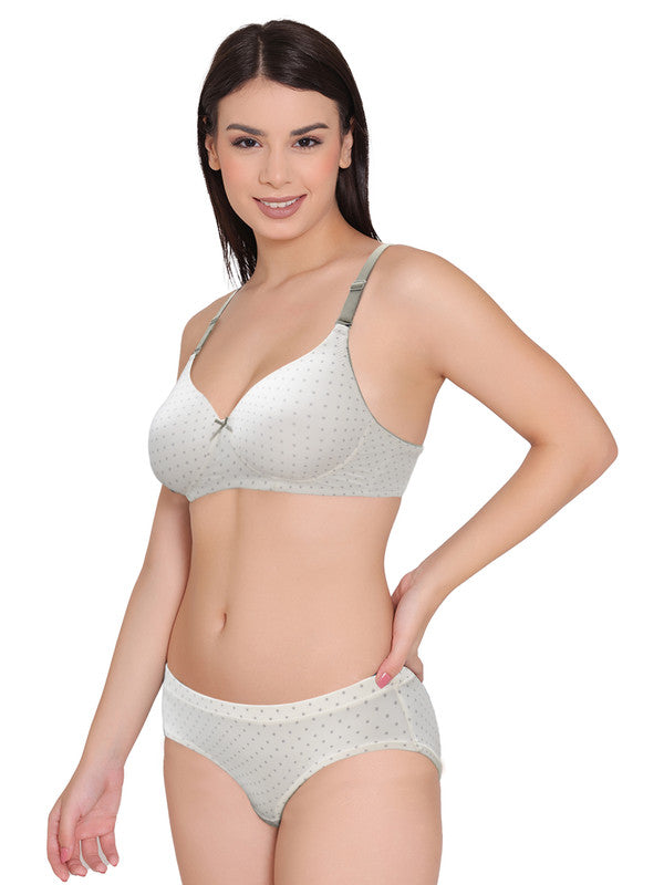 Groversons Paris Beauty Padded Women’s White And Grey Polka Dots Print Wire-free Lingerie Set (BP120-WHITE)
