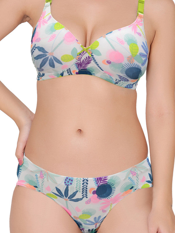 Groversons Paris Beauty Women’s Floral Print Padded Wire-free Lingerie Set (BP123-WHITE-TROPICAL)