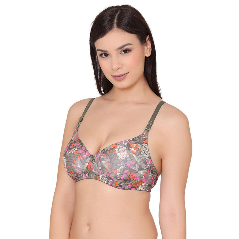 Women's Padded, Non-Wired, Seamless T-Shirt Bra (BR089-Grey Floral Print)