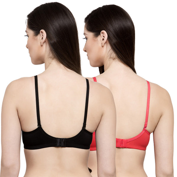 Groversons Paris Beauty Women's Pack of 2 Padded, Non-Wired, Seamless T-Shirt Bra (COMB33-Black & Coral)