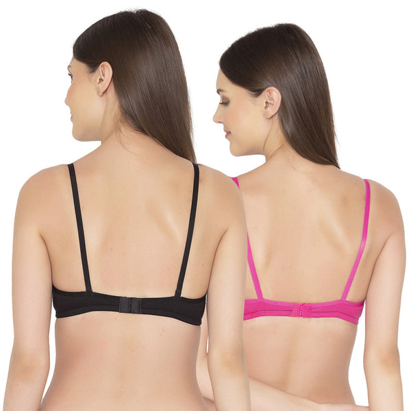 Groversons Paris Beauty Women's Pack Of 2 Non-Padded-Non-Wired Everyday Bra Cotton Bra (COMB40-Black & Hot Pink)