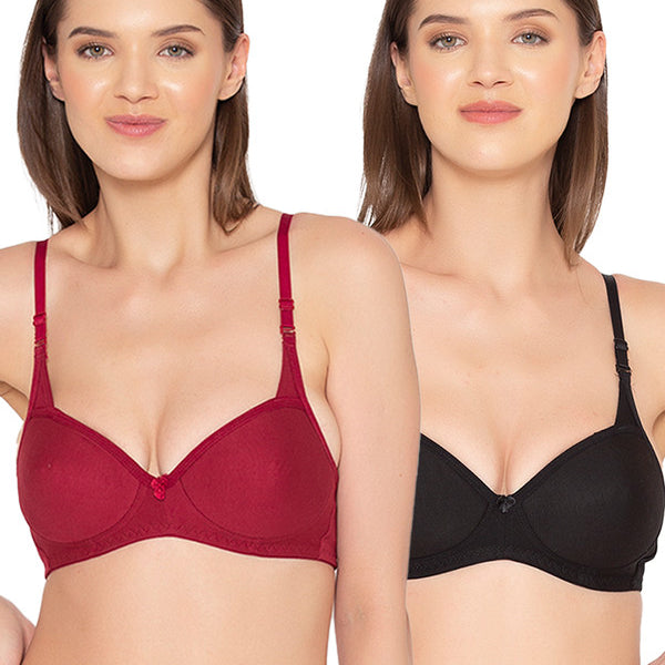 Groversons Paris Beauty Women's Pack of 2 Padded, Non-Wired, Seamless  T-Shirt Bra (COMB25-BLACK & MAROON)