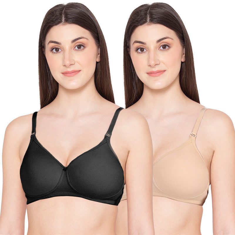 Groversons Paris Beauty Women's Pack of 2 Padded, Non-Wired, Seamless T-Shirt Bra (COMB28-BLACK & NUDE)