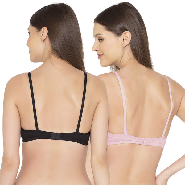 Groversons Paris Beauty Women's Pack Of 2 Non-Padded-Non-Wired Everyday Bra Cotton Bra (COMB40-Black & Pink)