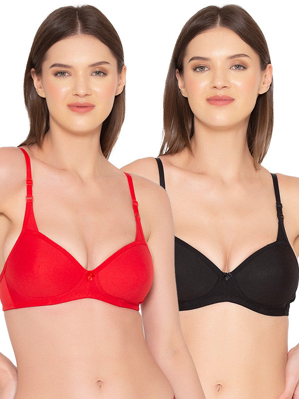 Groversons Paris Beauty Women's Pack of 2 Padded, Non-Wired, Seamless T-Shirt Bra (COMB25-BLACK & RED)