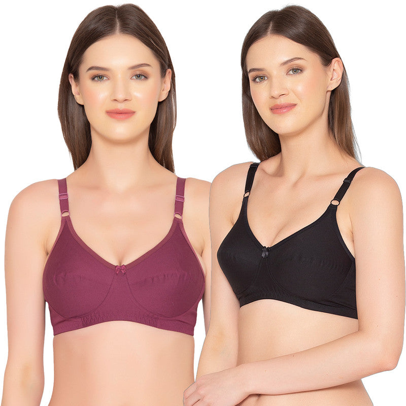 Groversons Paris Beauty Pack of 2 Full Support Non Padded Non Wired Plus Size Basic Bra (COMB27-Black & Wine)