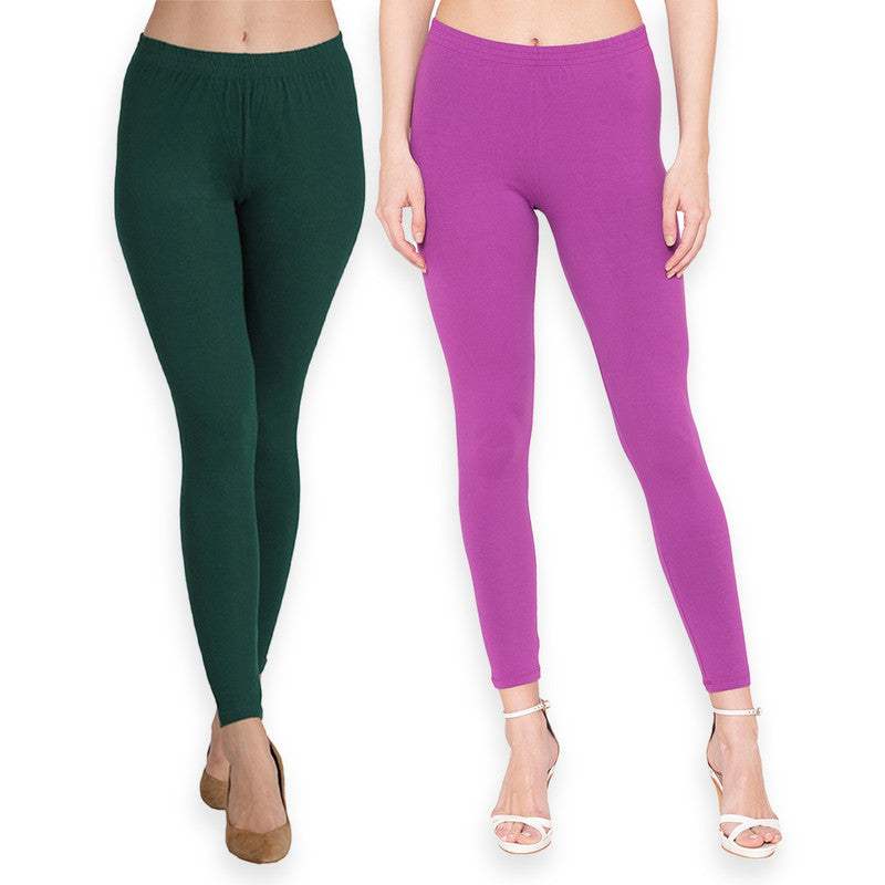 Groversons Paris Beauty Women's Pack of 2 Regular Leggings (BOTTLE GREEN & STRIKING PURPLE)