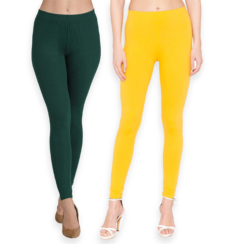 Groversons Paris Beauty Women's Pack of 2 Regular Leggings (BOTTLE GREEN & SUNSINE)