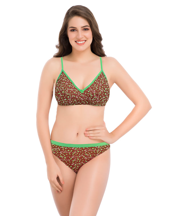 Assorted Non padded seamed small floral printed Bra & Panty Set- Brown