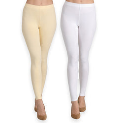 Groversons Paris Beauty Women's Pack of 2 Regular Leggings (BUTTER & WHITE)