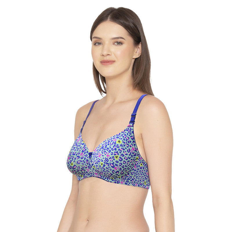 Groversons Paris Beauy Women's Poly-amide Lightly Padded Non-Wired Floral Print Full Coverage Bra (BR044-BLUE)