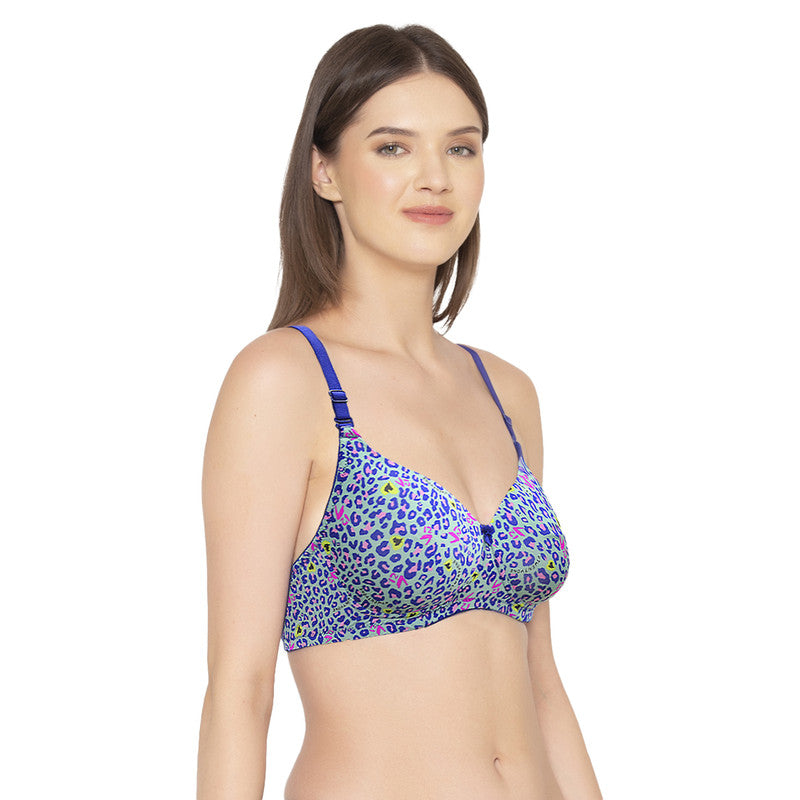Groversons Paris Beauy Women's Poly-amide Lightly Padded Non-Wired Floral Print Full Coverage Bra (BR044-BLUE)